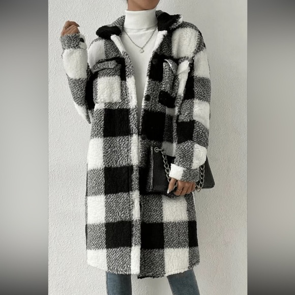 Plaid Pattern Teddy Coat, Casual Button Front Long Sleeve Outerwear, - Picture 3 of 5